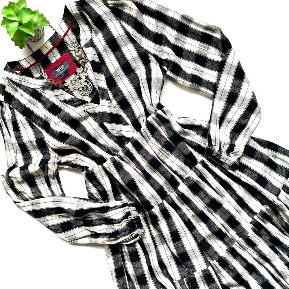 Anthropologie Maeve Amber Tiered Tunic Babydoll Dress Long Sleeve Plaid Size S